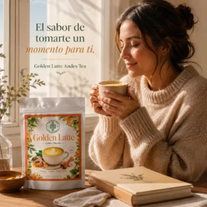 Golden Latte Andes Tea 200 g (Leche Dorada). Mezcla en polvo elaborada con cúrcuma, canela Ceylán, jengibre, coco natural y pimienta negra. Ideal para preparar una bebida cremosa, cálida y aromática en pocos minutos. Perfecto para disfrutar caliente o frío. Disponible en Andes Tea con despacho a todo Chile.