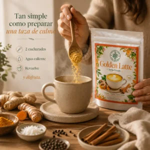 Golden Latte Andes Tea en envase de 200 g junto a una taza de leche dorada preparada con cúrcuma, canela Ceylán y jengibre.