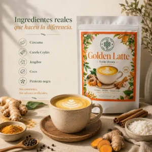 Golden Latte Andes Tea 200 g (Leche Dorada). Mezcla en polvo elaborada con cúrcuma, canela Ceylán, jengibre, coco natural y pimienta negra. Ideal para preparar una bebida cremosa, cálida y aromática en pocos minutos. Perfecto para disfrutar caliente o frío. Disponible en Andes Tea con despacho a todo Chile.