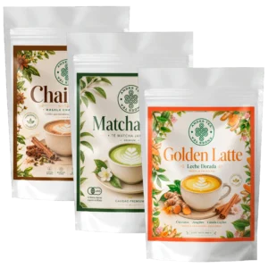 Pack de Lattes Andes Tea con Matcha Latte, Chai Latte y Golden Latte, tres mezclas premium para preparar bebidas calientes y frías.