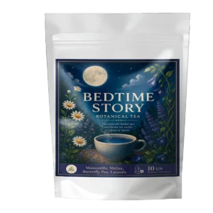 Infusión Bedtime Story Andes Tea en bolsitas piramidales con manzanilla, melisa, lavanda y butterfly pea.