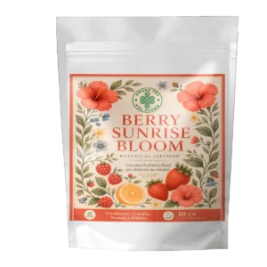 Infusión Berry Sunrise Bloom Andes Tea en bolsitas piramidales con hibisco, frambuesa, frutilla y naranja.