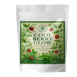Té Cool Berry Glow Andes Tea en bolsitas piramidales con té verde, menta y frambuesa.