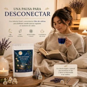 Infusión Bedtime Story Andes Tea en bolsitas piramidales con manzanilla, melisa, lavanda y butterfly pea.