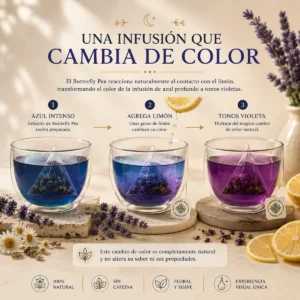 Infusión Bedtime Story Andes Tea en bolsitas piramidales con manzanilla, melisa, lavanda y butterfly pea.