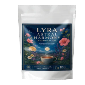 Infusión Lyra Astral Harmony Andes Tea en bolsitas piramidales con crisantemo, manzanilla, menta e hibisco.