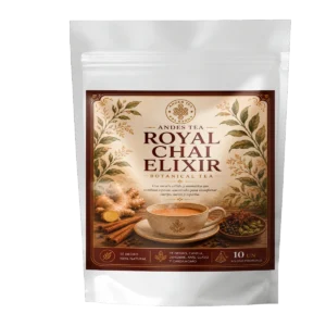 Té Royal Chai Elixir Andes Tea en bolsitas piramidales con té negro, canela de Ceylán, jengibre y cardamomo.