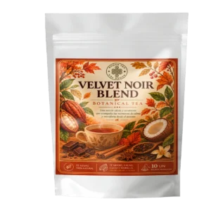 Té Velvet Noir Blend Andes Tea en bolsitas piramidales con té negro, cacao, coco y vainilla.