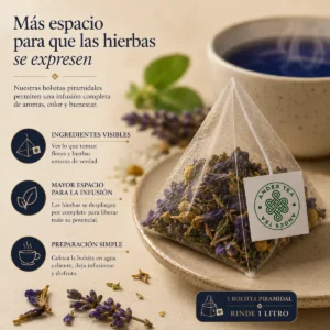Infusión Bedtime Story Andes Tea en bolsitas piramidales con manzanilla, melisa, lavanda y butterfly pea.