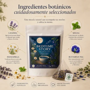 Infusión Bedtime Story Andes Tea en bolsitas piramidales con manzanilla, melisa, lavanda y butterfly pea.