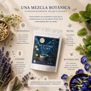 Infusión Bedtime Story Andes Tea en bolsitas piramidales con manzanilla, melisa, lavanda y butterfly pea.