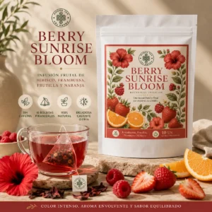 Infusión Berry Sunrise Bloom Andes Tea en bolsitas piramidales con hibisco, frambuesa, frutilla y naranja.