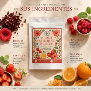 Infusión Berry Sunrise Bloom Andes Tea en bolsitas piramidales con hibisco, frambuesa, frutilla y naranja.