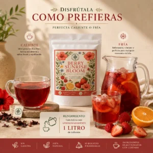 Infusión Berry Sunrise Bloom Andes Tea en bolsitas piramidales con hibisco, frambuesa, frutilla y naranja.