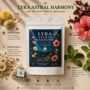 Infusión Lyra Astral Harmony Andes Tea en bolsitas piramidales con crisantemo, manzanilla, menta e hibisco.