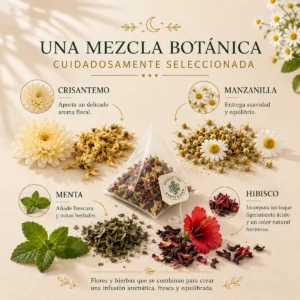 Infusión Lyra Astral Harmony Andes Tea en bolsitas piramidales con crisantemo, manzanilla, menta e hibisco.