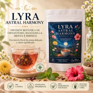 Infusión Lyra Astral Harmony Andes Tea en bolsitas piramidales con crisantemo, manzanilla, menta e hibisco.