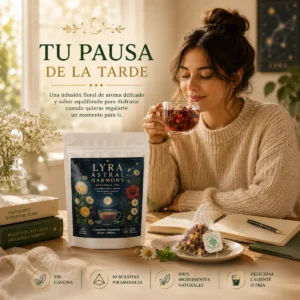 Infusión Lyra Astral Harmony Andes Tea en bolsitas piramidales con crisantemo, manzanilla, menta e hibisco.