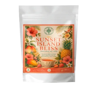 Té Sunset Island Bliss Andes Tea en bolsitas piramidales con té negro, mango, frutilla, piña y canela.