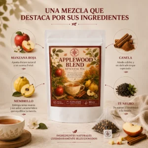 Té Applewood Blend Andes Tea en bolsitas piramidales con té negro, manzana, membrillo y canela.