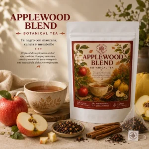 Té Applewood Blend Andes Tea en bolsitas piramidales con té negro, manzana, membrillo y canela.