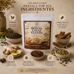Té Royal Chai Elixir Andes Tea en bolsitas piramidales con té negro, canela de Ceylán, jengibre y cardamomo.