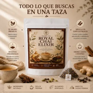 Té Royal Chai Elixir Andes Tea en bolsitas piramidales con té negro, canela de Ceylán, jengibre y cardamomo.