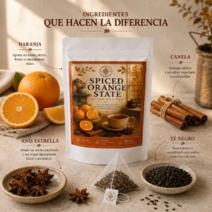 Té Spiced Orange State Andes Tea en bolsitas piramidales con té negro, naranja, canela y anís estrella.
