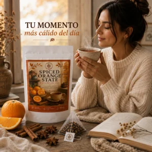 Té Spiced Orange State Andes Tea en bolsitas piramidales con té negro, naranja, canela y anís estrella.