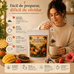 Té Sunset Island Bliss Andes Tea en bolsitas piramidales con té negro, mango, frutilla, piña y canela.