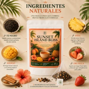 Té Sunset Island Bliss Andes Tea en bolsitas piramidales con té negro, mango, frutilla, piña y canela.