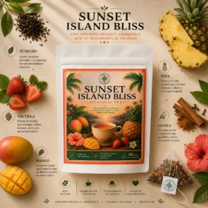 Té Sunset Island Bliss Andes Tea en bolsitas piramidales con té negro, mango, frutilla, piña y canela.