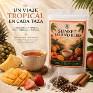 Té Sunset Island Bliss Andes Tea en bolsitas piramidales con té negro, mango, frutilla, piña y canela.