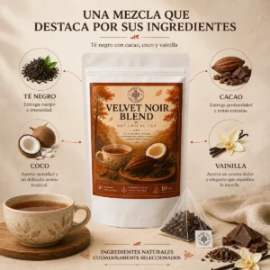 Té Velvet Noir Blend Andes Tea en bolsitas piramidales con té negro, cacao, coco y vainilla.