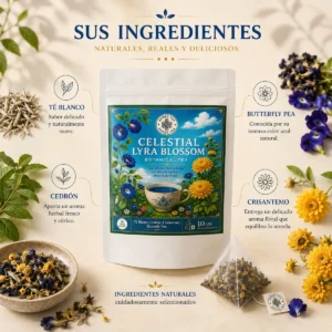 Té Celestial Lyra Blossom Andes Tea en bolsitas piramidales con té blanco, cedrón, butterfly pea y crisantemo.