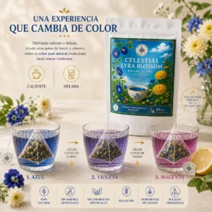 Té Celestial Lyra Blossom Andes Tea en bolsitas piramidales con té blanco, cedrón, butterfly pea y crisantemo.