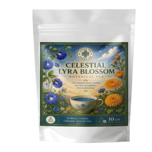 Té Celestial Lyra Blossom Andes Tea en bolsitas piramidales con té blanco, cedrón, butterfly pea y caléndula.