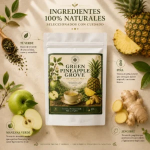 Té Green Pineapple Grove Andes Tea en bolsitas piramidales con té verde, piña, manzana verde y jengibre.