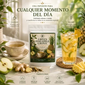 Té Green Pineapple Grove Andes Tea en bolsitas piramidales con té verde, piña, manzana verde y jengibre.