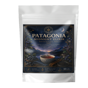 Té Patagonia Midnight Elixir Andes Tea en bolsitas piramidales con té negro, calafate, maqui, arándanos y canela.