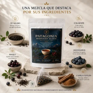 Té Patagonia Midnight Elixir Andes Tea en bolsitas piramidales con té negro, calafate, maqui, arándanos y canela.