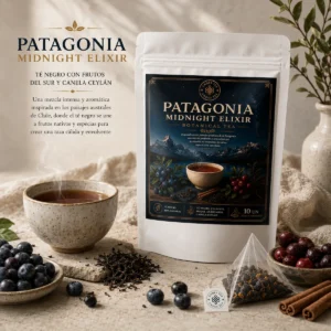 Té Patagonia Midnight Elixir Andes Tea en bolsitas piramidales con té negro, calafate, maqui, arándanos y canela.