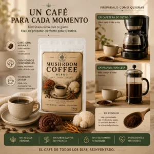 Mushroom Coffee Blend Andes Tea café molido con Reishi, Melena de León y Cordyceps.