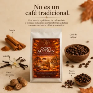 Café Cozy Autumn Andes Tea en envase de 250 g con café molido especiado de otoño, canela, vainilla, nuez moscada y clavo de olor.