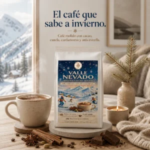 Café Valle Nevado Andes Tea 250 g junto a una taza de café caliente en un refugio de montaña, café molido con cacao, canela, cardamomo y anís estrella.