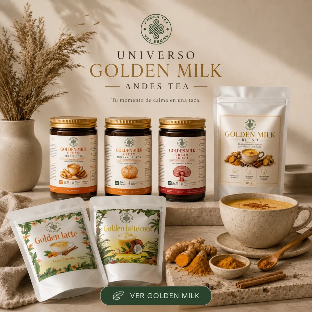 Colección Golden Milk de Andes Tea con Golden Latte, Golden Latte Coco, Golden Milk Blend y Golden Milk Cream.